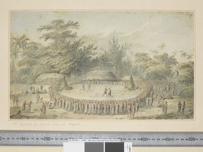 F.4 Modtagelsen af kaptajn Cook i Hapaee, ca. 1773-84 (akvarel- og trykgraveringer) af John Webber