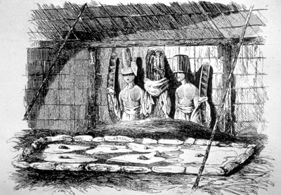 Inde i en begravelseshytte, Tahiti, 1700-tallet af John Webber