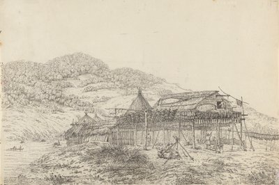 Balaganerne eller sommerboerne, med metoden til at tørre fisk, ved St. Peter og Paul, Kamtschatka af John Webber
