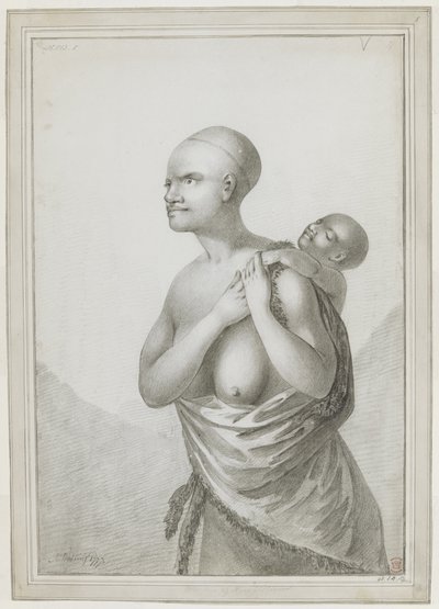 [Hele tegningen] En tasmansk kvinde, der bærer et barn på ryggen, med en hud slynget fra hendes venstre skulder omkring hendes talje. januar 1777 af John Webber