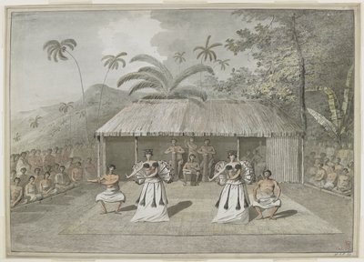 [Hele tegningen] En dans eller heiva på Otaheite [Tahiti]. To mænd og to kvinder danser med trommeslagere bagved og tilskuere på begge sider. september 1777 af John Webber
