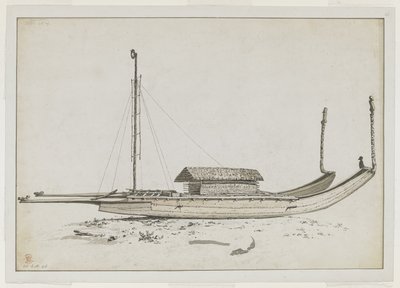 [Hele tegning] En dobbelt rejsekano af Otaheite [Tahiti] med detaljeret udskæring af John Webber