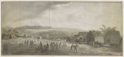 [Hele tegningen] Tegning af kaptajn Cooks besøg i landsbyen Waimea, Atooi [Kauai], januar 1778. Nogle mænd ruller tønder, andre bytter med hawaiianere. Til højre to indfødte, der bærer en gris spændt til en pæl. Bag dem, indfødte hytter, og s af John Webber