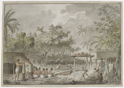 [Hel tegning] Menneskeofring ved den store morai ved Attahouroo [Utuaimahurau], Tahiti, bevidnet af kaptajn Cook den 1. september 1777. En bundet skikkelse i forgrunden med mænd, der graver et hul til kroppen bagved, og hvad der indeholdt to hunde og thr af John Webber