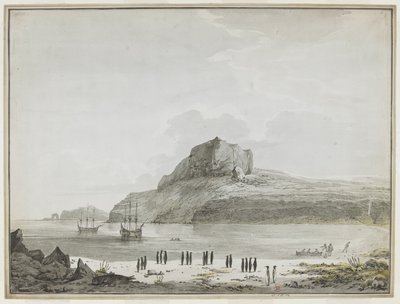 [Hele tegningen] Udsigt over Christmas Harbour, Kerguelen Island, med opdagelsen og opløsningen for anker. To skibsbåde er ude, den ene lander sømænd på kysten. I forgrunden tyve pingviner i grupper og en søløve. 25-30 december 1776 af John Webber