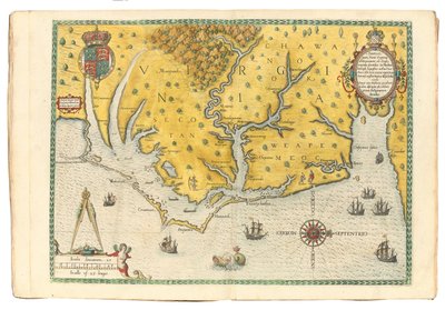 Kort over Virginia, der viser ankomsten af Sir Walter Raleighs ekspedition i 1585, 1590 af John White