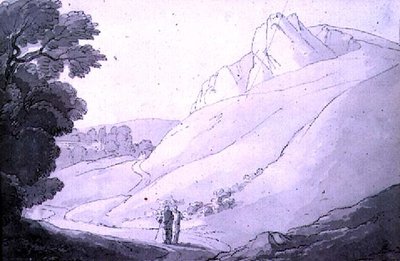 Et bakkelandskab med to figurer (pen, blæk og akvarel) af John White Abbott