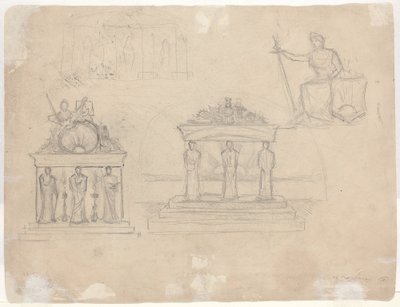 Studier af klassiske tempelfacader og siddende kvindefigur [verso] af John William Casilear
