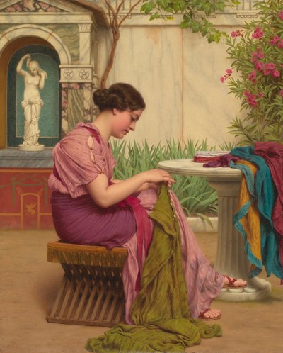A Stitch is Free, or A Stitch in Time, 1917 af John William Godward