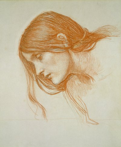 Studie af en piges hoved (rødt kridt på papir) af John William Waterhouse