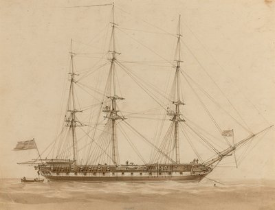 A British frigate riding on her anchordani af John Wilson Carmichael