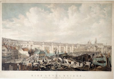 High Level Bridge, Newcastle upon Tyne, graveret af George Hawkins (1819-52) (håndfarvet litho) af John Wilson Carmichael