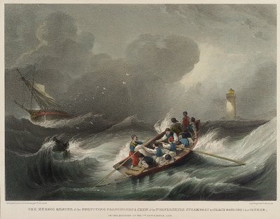 Grace Darlings og hendes fars heroiske redning af passagerer og besætning på dampskibet Forfarshire om morgenen den 7. september. af John Wilson Carmichael