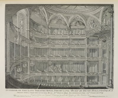 Interiør af Late Theatre Royal, Drury Lane, i London, bygget af Henry Holland, 1794, ødelagt af brand i 1809, indgraveret af Dale, 1820 af John Winston