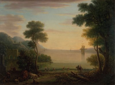 Klassisk landskab med figurer og dyr: solnedgang af John Wootton