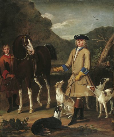 Edward, Lord Seymour, med sin hest, brudgom og hunde i et landskab af John Wootton