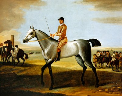 Hertugen af Rutlands berømte grå væddeløbshest Coneyskins med jockey oppe på Newmarket Heath (olie på lærred) af John Wootton