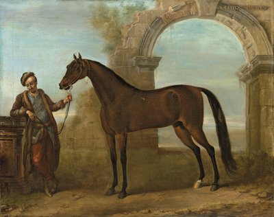 Godolphin Arabien, holdt af en brudgom, i et landskab med en ødelagt bue, 1731 af John Wootton