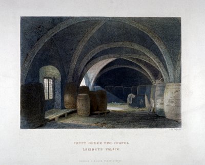 Krypten fyldt med tønder under kapellet ved Lambeth Palace, London, 1851. af John Wykeham Archer