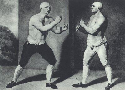 Tidlige britiske barefist-boksere, John Broughton (til venstre) og George Stevenson kæmper i 1741: Broughton opfandt boksehandsken (mezzotint) af John Young