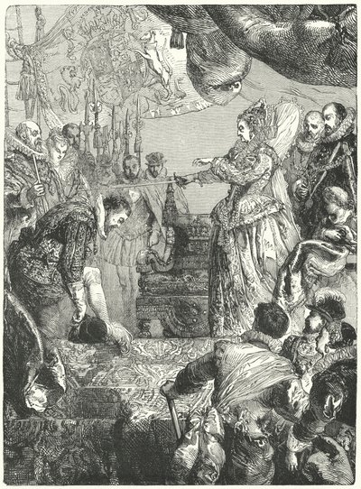Sir Francis Drake modtog sit ridderskab af dronning Elizabeth I, 1581 af John after Gilbert