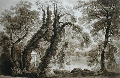 Udsigt over tempelfontænen fra den modsatte side, Sezincote, indgraveret af Frederick Christian Lewis Snr. (1779-1856), ca. 1817-18 (sepiaakvatint) (se også 171661) af John after Martin