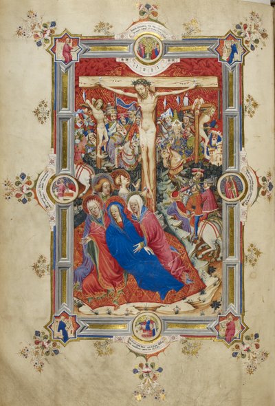 Korsfæstelsen, der introducerer messens kanon. Kristus på korset, flankeret af tyve, besvimende Jomfru støttet af kvinder og St. John, Magdalene ved foden af korset. Skare af monterede tilskuere i moderne kjole, inklusive Longinus, med engle ovenover af John and Siferwas John (fl. 1380–1421 Whas