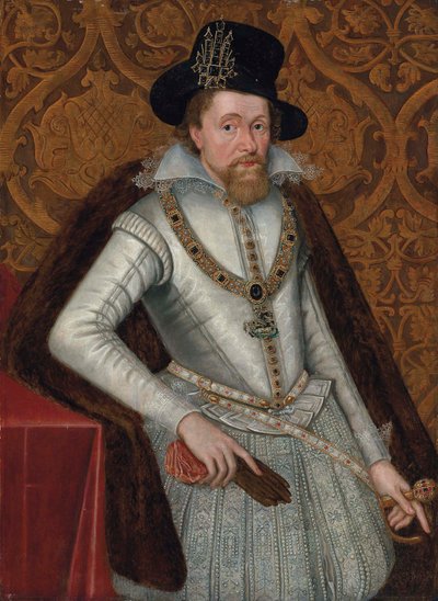 Portræt af kong James I af England og VI af Skotland (1566-1625), i trekvart længde, i hvid kjortel med blondekrave, juvelbesatte strømper og en pelskappe, iført Greater George, en sort hat med juvel, med et par handsker i højre hånd af John de (attr.to) Critz