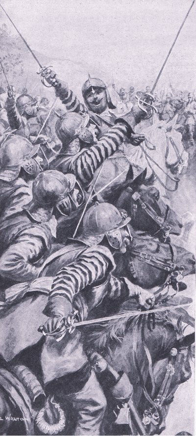 Kavaleriets engagement i slaget ved Edgehill, 23. oktober 1642, illustration fra British Battles on Land and Sea, 1915 af John de Walton