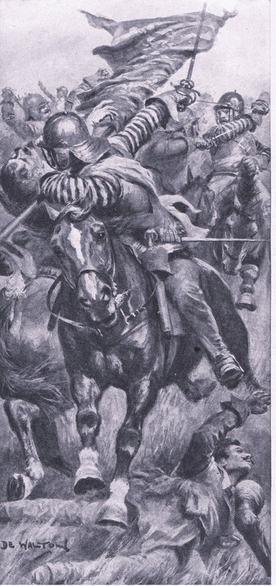 Løjtnant John Smith genindtager kongens standart ved Edgehill, 23. oktober 1642, illustration fra British Battles on Land and Sea, 1915 af John de Walton