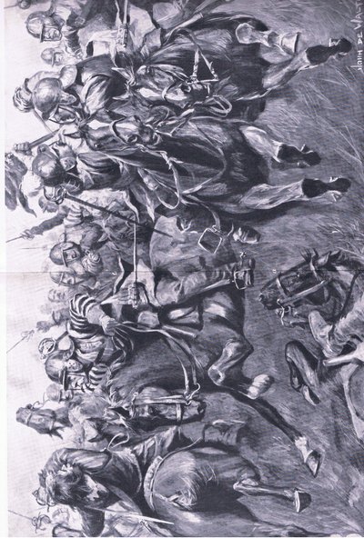 Marston Moor, 2. juli 1644: Det skotske kavaleri under Leslie, angriber prins Ruperts flanke, illustration fra britiske slag på land og hav, 1915 af John de Walton