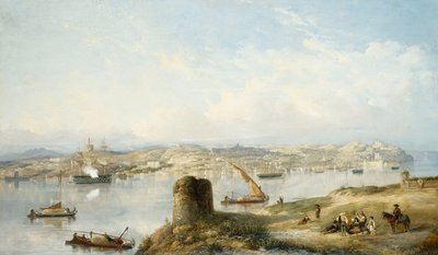 En omfattende udsigt over Lissabon på floden Tejo med Praca do Terreiro do Paco, den gamle katedral og Castelo de S. Jorge af John or Giovanni Schranz