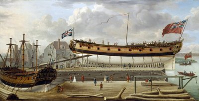 Et skib af sjette rang (sjette rang), et britisk krigsskib fra Royal Navy, i tørdok, skibsværftet er sandsynligvis det i Rotherhite, på Themsens sydlige bred (England) af John the Elder Cleveley