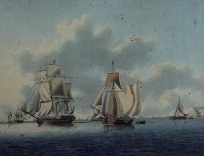 Fregatter og hollandske fiskerbåde ud for Isle of Wight af John the Younger Cleveley