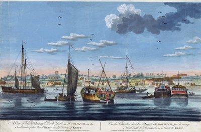 Udsigt over den kongelige havn i Woolwich, på Themsens venstre bred (England), i grevskabet Kent. Radering i farver af John Clevely the Younger (1747-1786) af John the Younger Cleveley