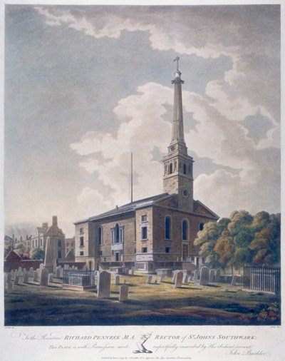 Udsigt over Church of St John Horsleydown, Bermondsey, London, 1799. af John william Edy