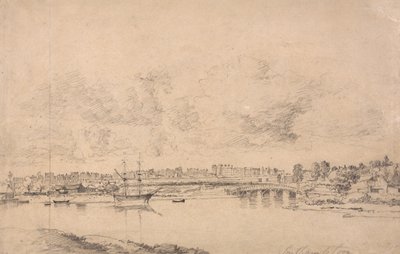 Southampton og Northam fra floden Itchen (grafit på medium, let tekstureret, blåt hvidt vævet papir lagt til medium, moderat tekstureret, beige vævet papir) af Jonathan Fisher