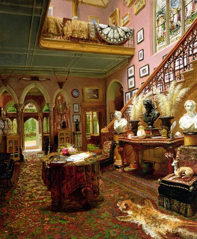 Hall og trappe i et hus på landet, 1888 af Jonathan Pratt