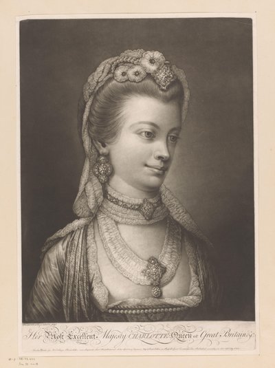 Portret af Charlotte van Mecklenburg Hendes Mest Fremragende Majestæt Charlotte Dronning af Storbritannien osv. (titel på objekt) af Jonathan Spilsbury