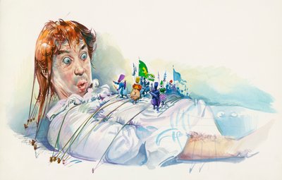 Lemuel Gulliver fanget af Lilliputians, fra Gulliver