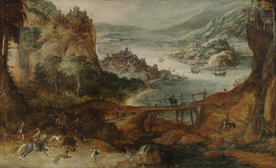 Flodlandskab med vildsvinejagt af Joos or Josse de The Younger Momper