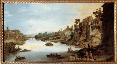 Udsigt over Tiberen (Tevere) i Rom Et hus på pæle til venstre. Maleri af Josse Momper II (1564-1635) af Joos or Josse de The Younger Momper