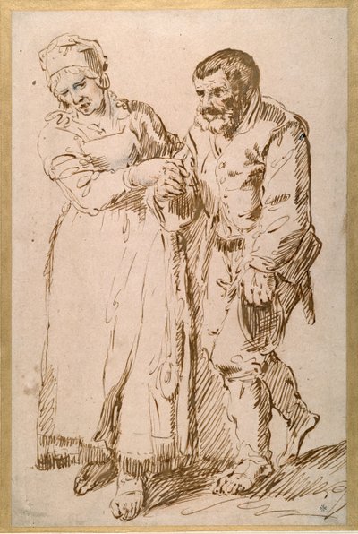 En ældre bondes trin guidet af sin kone (pen og blæk med kridt på papir) af Joos van (attr. to) Craesbeeck
