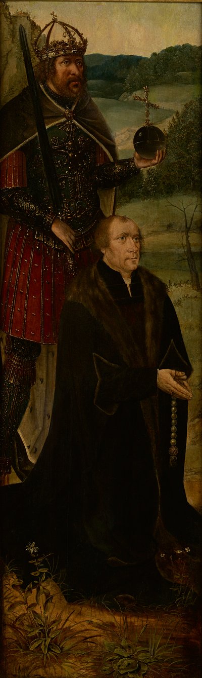 Kong Konstantin og en donor; en fløj af en altertavle (olie på panel) af Joos van (follower of) Cleve