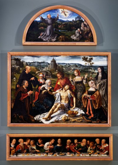 Altertavle af aflejringen, med stigmata af den hellige Frans, aflejringen af Kristus og den sidste nadver fra kirken for de småbrødre i Genova, ca. 1520 af Joos van Cleve