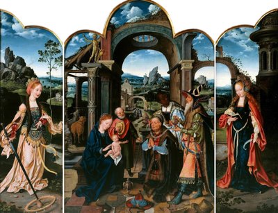 Hollandsk: Sankt Katarina (til venstre); Kongernes tilbedelse (i midten); Sankt Barbara (til højre) Kongernes tilbedelse med Sigismund I af Polen af Joos van Cleve