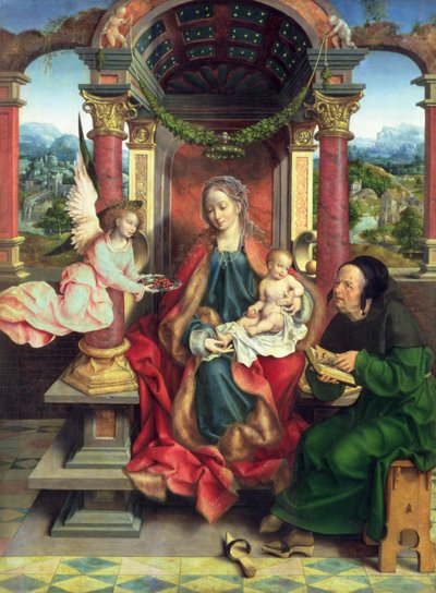 Den hellige familie, midterpanel på en triptykon, ca. 1530 (panel) af Joos van Cleve