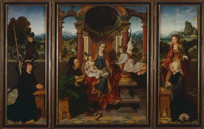 Den hellige familie, ca 1530, af Joos Van Cleve (1485-1540), triptykon. Belgien af Joos van Cleve