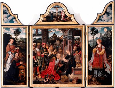 Tryptic of Adoration of the Magi. Maleri på træ af Joos Van Cleve den unge (1485-1540) 1515 Dim. 260x200 cm Gener, San Donato-kirken af Joos van Cleve
