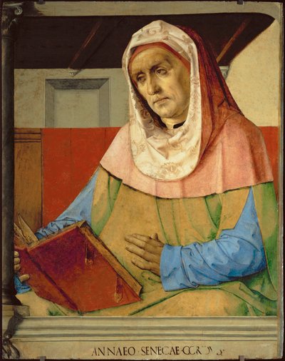 Seneca, romersk filosof Fra en serie på 28 portrætter, malet omkring 1475 til Federigo da Montefeltres studiolo ... af Joos van Gent (fl.1460-75)